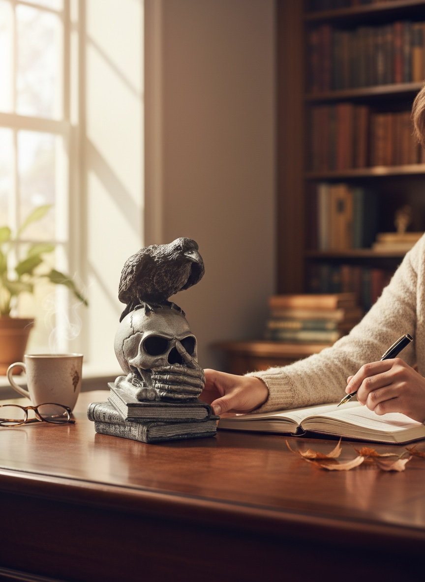 TESCHIO DECORATIVO CON CORVO E LIBRI