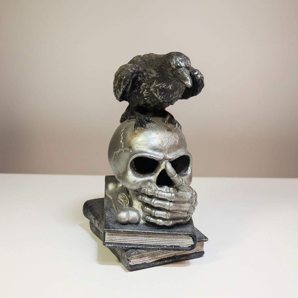 TESCHIO DECORATIVO CON CORVO E LIBRI